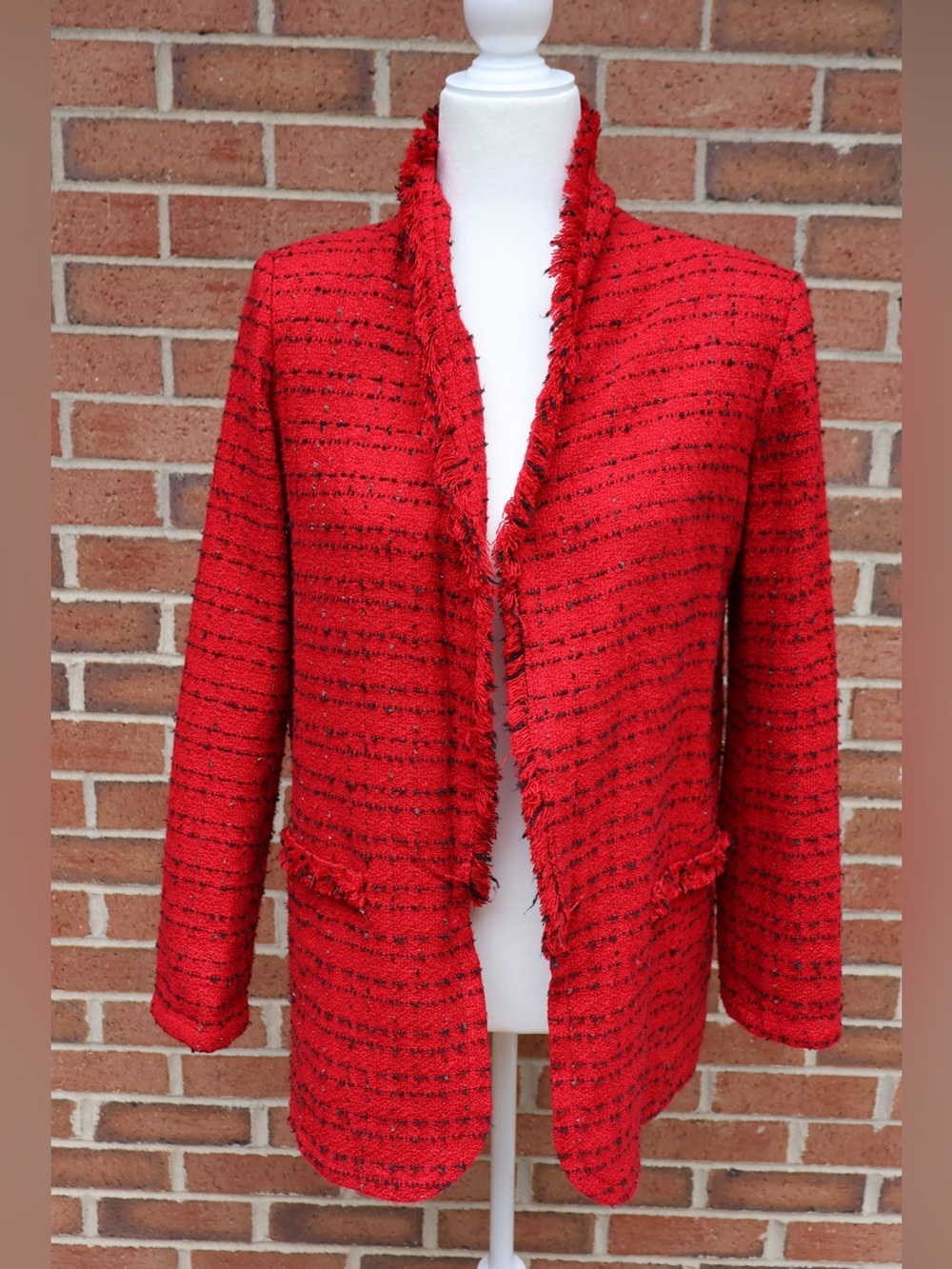 Worthington S Red Bouclé Fringe Open Front Jacket Blazer - Preppy Office